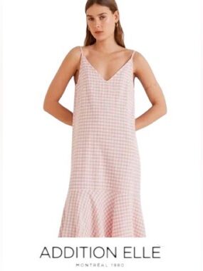 26W Addition Elle Gingham Slip Dress in Pink, Taupe, Ivory